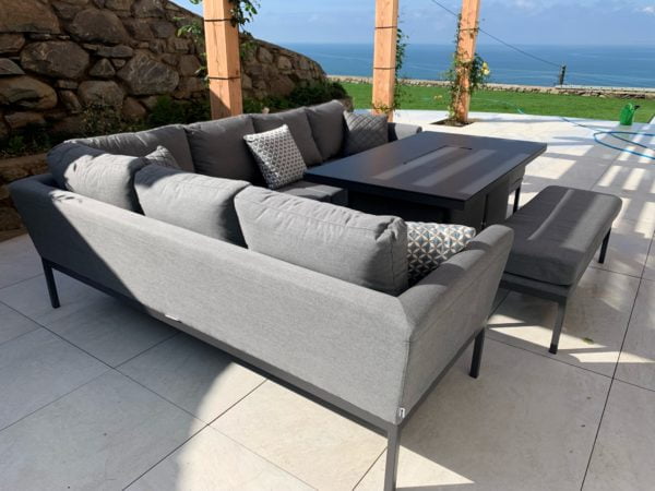 aruba outdoor fabric patio corner sofa set with fire pit table all weather sunbrella fabric