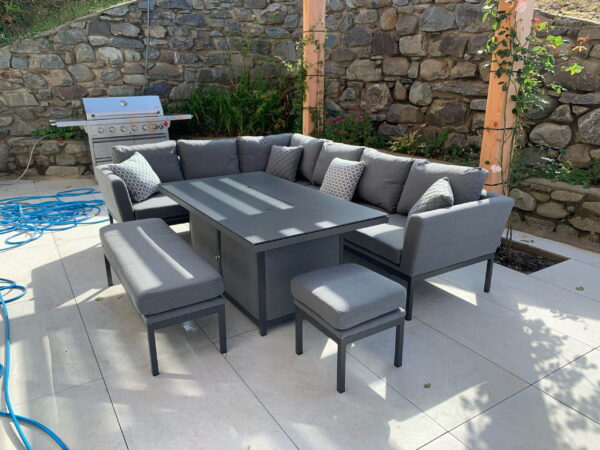 aruba outdoor fabric patio corner sofa set with fire pit table all weather sunbrella fabric