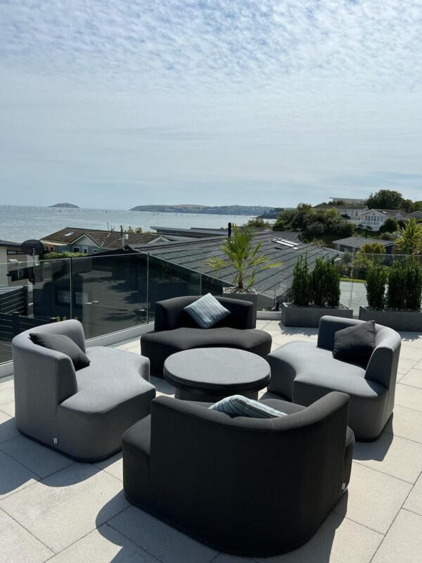 aruba outdoor fabric snug lounge set with adjustable table all weather sunbrella fabric