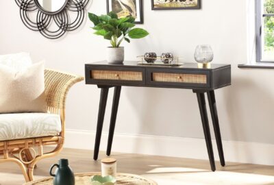manhattan cane & wood coffee table with drawer and open shelf in black
