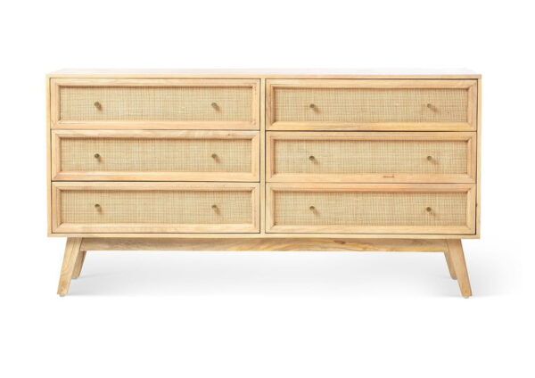 Rattan mango wood natural 6 draw chest of drawers