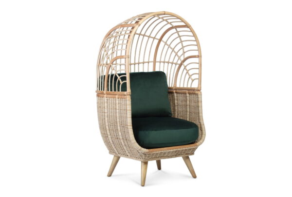 natural rattan cocoon chair in velvet green cushion