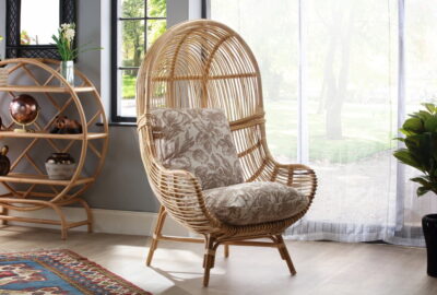loft chair natural rattan in floral beige aquaclean fabric