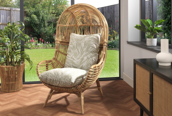 loft chair natural rattan in leafy green tropical fabric