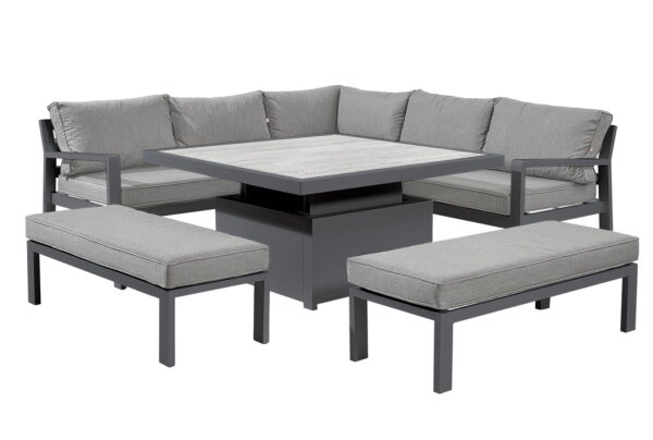 tutbury grey square dual height table with corner sofa and 2 large benches uk made