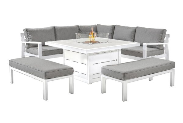 tutbury white firepit table with corner sofa and 2 large benches uk made