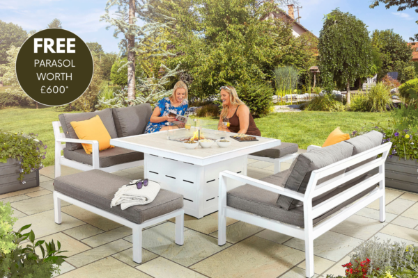 tutbury grey firepit table with outdoor fabric corner sofa and 2 large benches uk made free cantilever parasol included