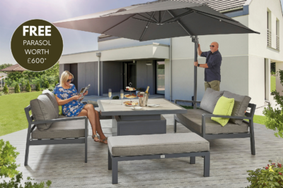 tutbury grey firepit table with outdoor fabric corner sofa and 2 large benches uk made free cantilever parasol included