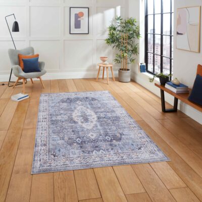 baku washable flat rug in blue 2 sizes available
