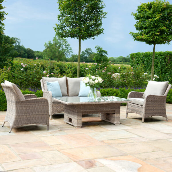 kendal outdoor rattan 2 seat suite with 2x footstools & adjustable table