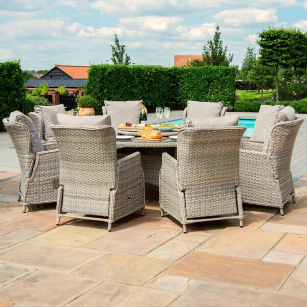 kendal outdoor rattan reclining 8 seat round dining set with lazy susan