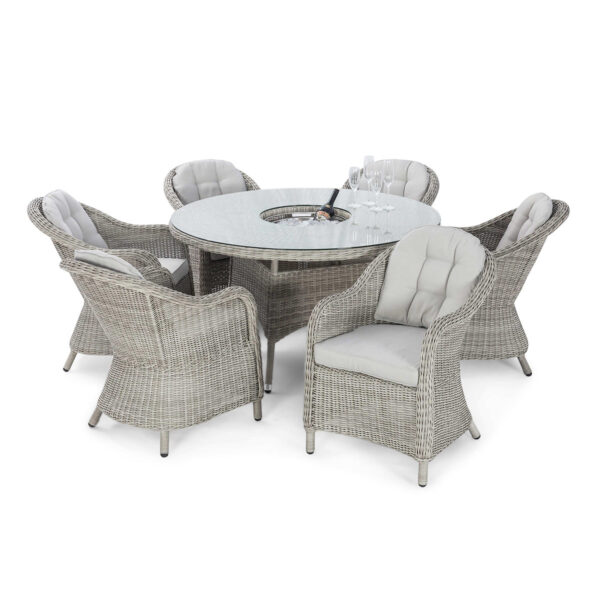 grasmere outdoor rattan 6 seat round dining set with heritage chairs, ice bucket & lazy susan