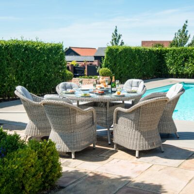 grasmere outdoor rattan 6 seat dining set with circular fire pit coffee table & lazy susan