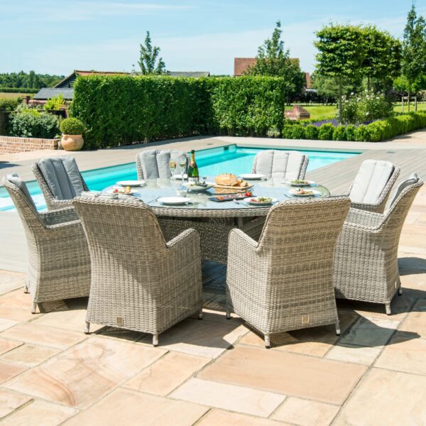 grasmere outdoor rattan 8 seat round fire pit dining set with venice chairs & lazy susan