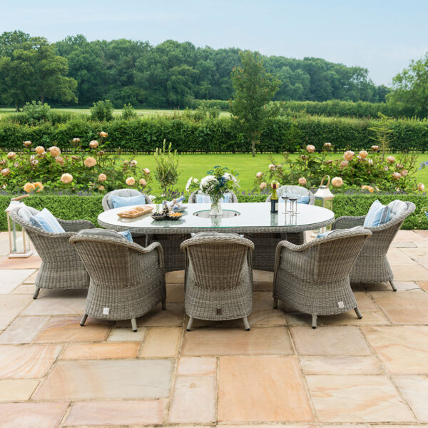 grasmere outdoor rattan 8 seat oval dining set with heritage chairs, ice bucket & lazy susan