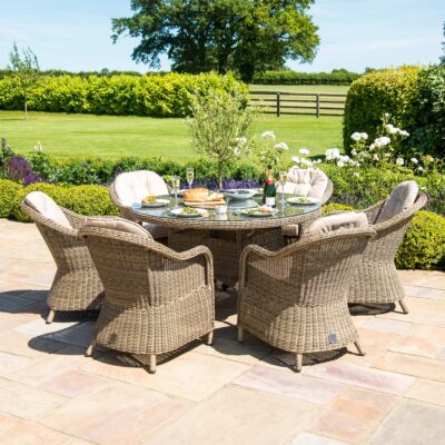 windemere outdoor rattan 6 seat dining set with round fire pit table & lazy susan