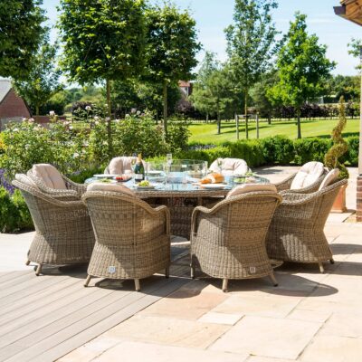 windemere outdoor rattan 8 seat dining set with round fire pit table & lazy susan