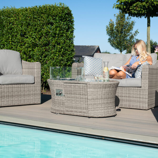 grasmere outdoor rattan 2 seater suite with oval fire pit coffee table