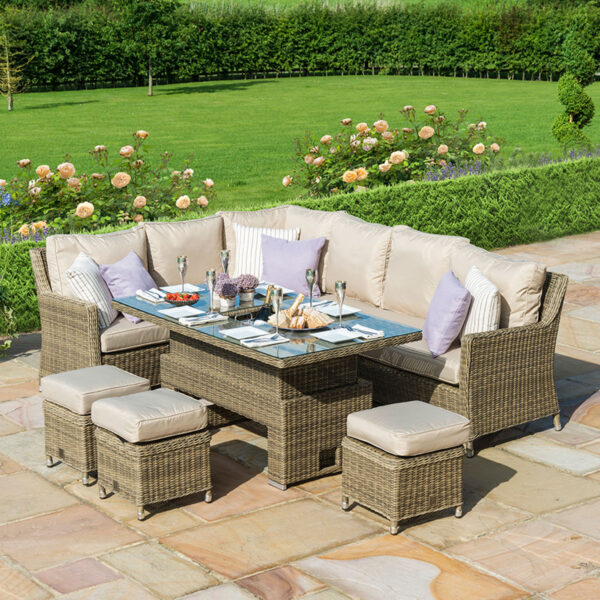 windemere outdoor rattan lounge/dining corner sofa set with adjustable table & ice bucket