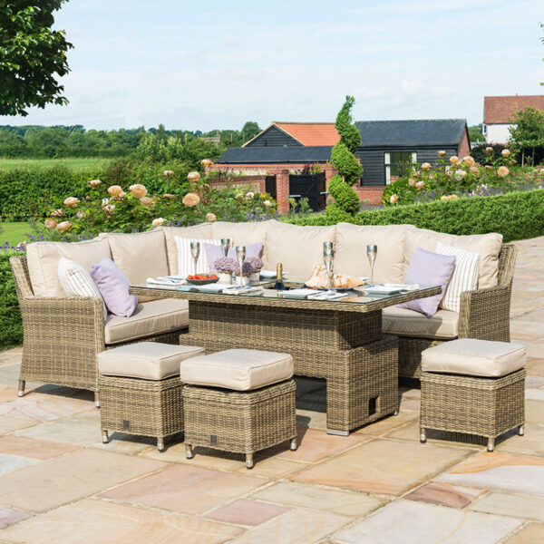 windemere outdoor rattan lounge/dining corner sofa set with adjustable table & ice bucket